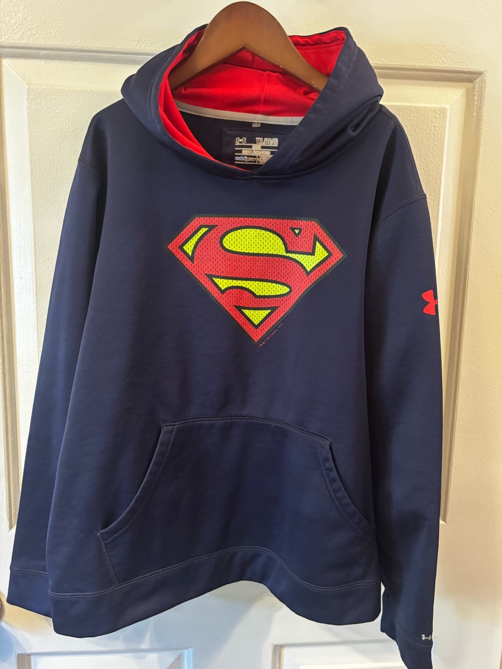 Under Armour Kids Superman ColdGear Hoodie Navy Blue YXL Loose Fit Sweatshirt